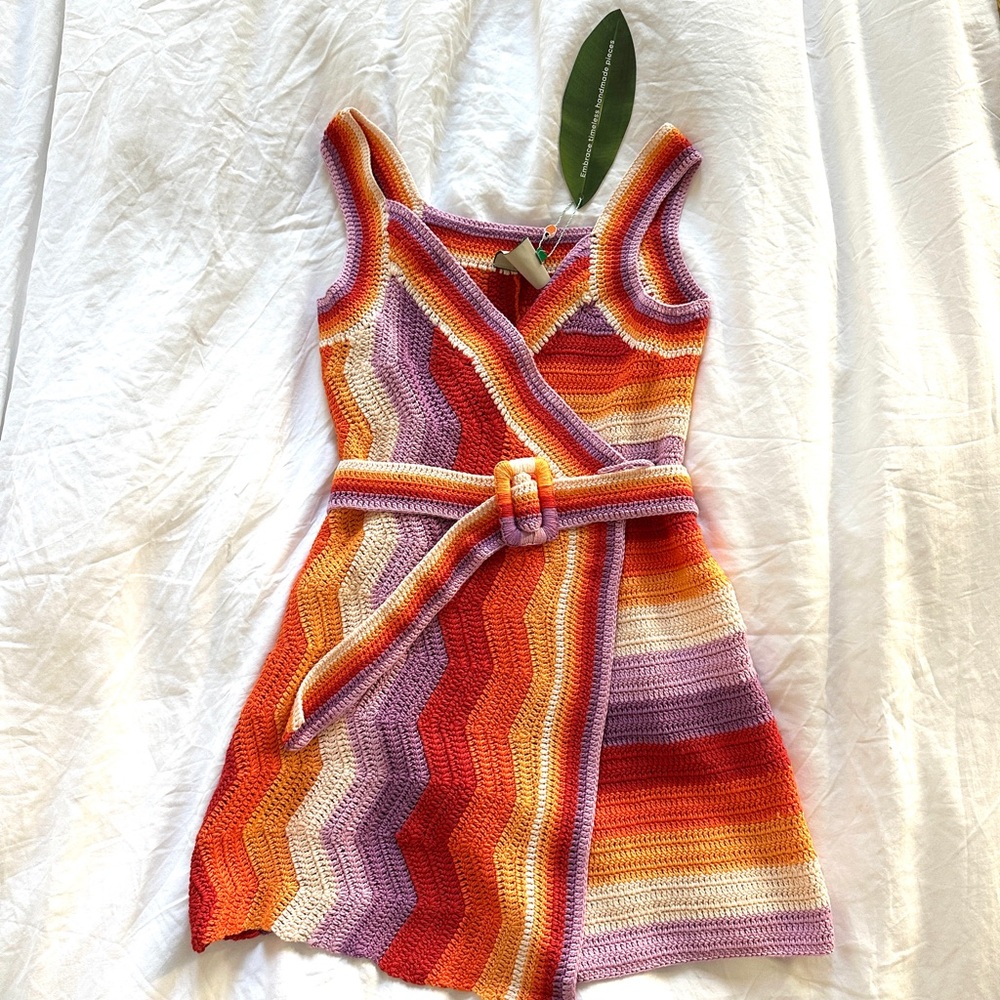 Farm Rio Multi Stripes Crochet Knit Dress